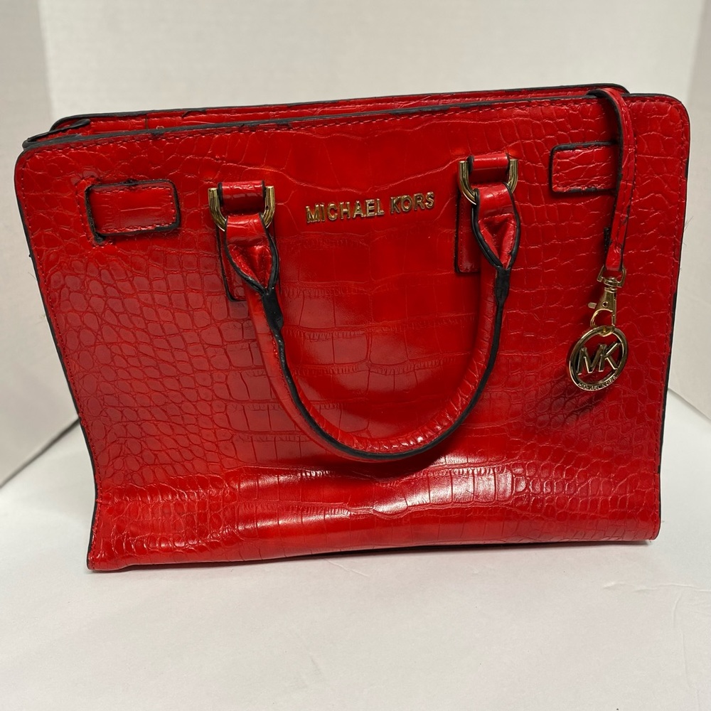 Michael Kors Red Dillon Croc Embossed Leather Medium Satchel Unique Clean Logo